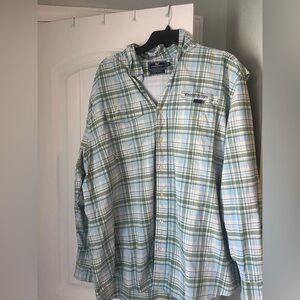 Vineyard Vines Men's Green and Blue Plaid Shirt